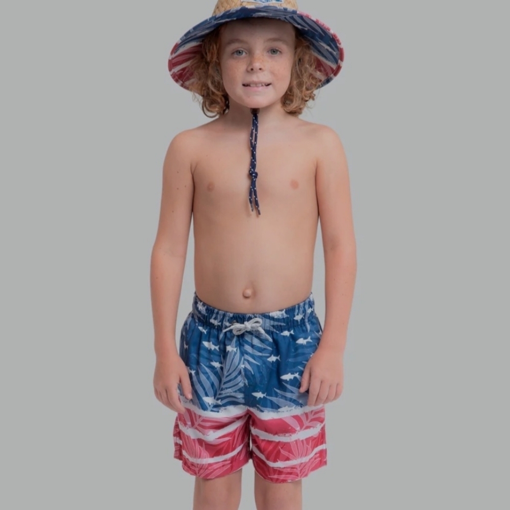 SurfStyle 8 Blue & Red Leaf Kid's Swim Shorts